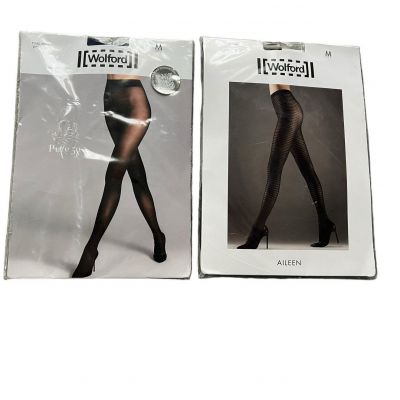 WOLFORD 2 Pairs Made In Austria Luxury Tights Black Solid & Pattern Wms. M NEW